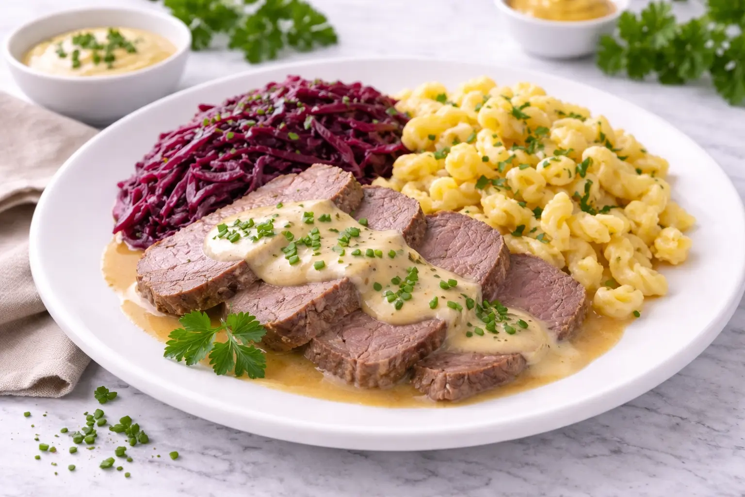 Warme Fleischgerichte mit Rotkohl und Beilagen im Crew Catering Berlin
