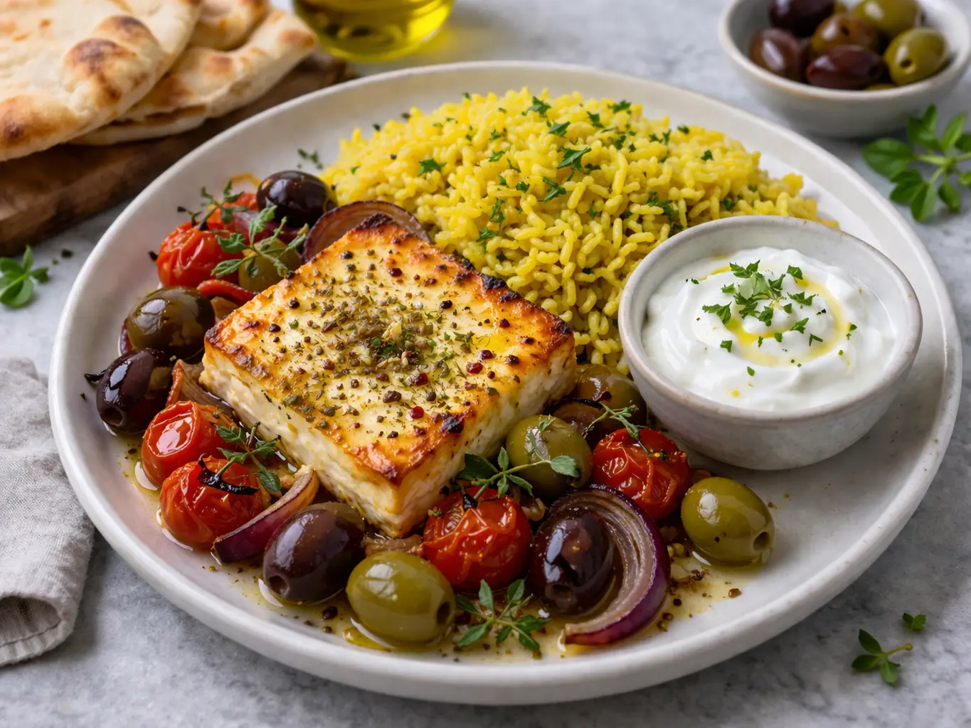 Mediterranes Crew Catering mit gebackenem Käse, Reis und Gemüse