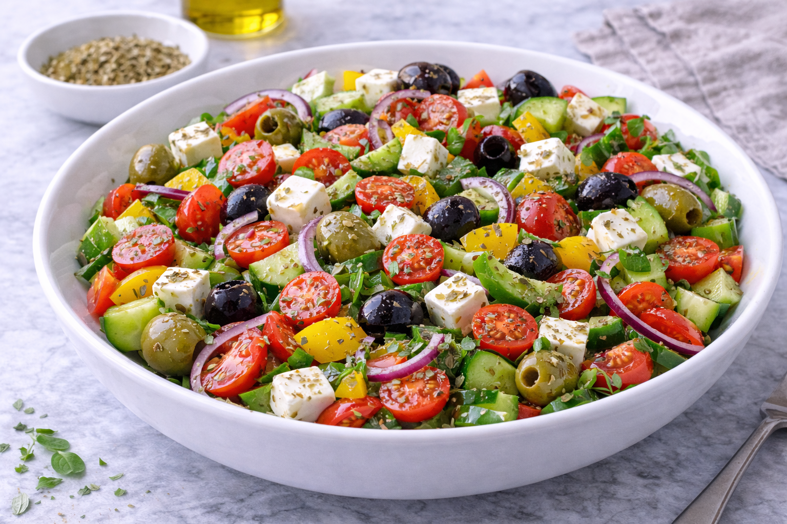 Griechischer Salat als Beilage im Crew Catering für Filmsets