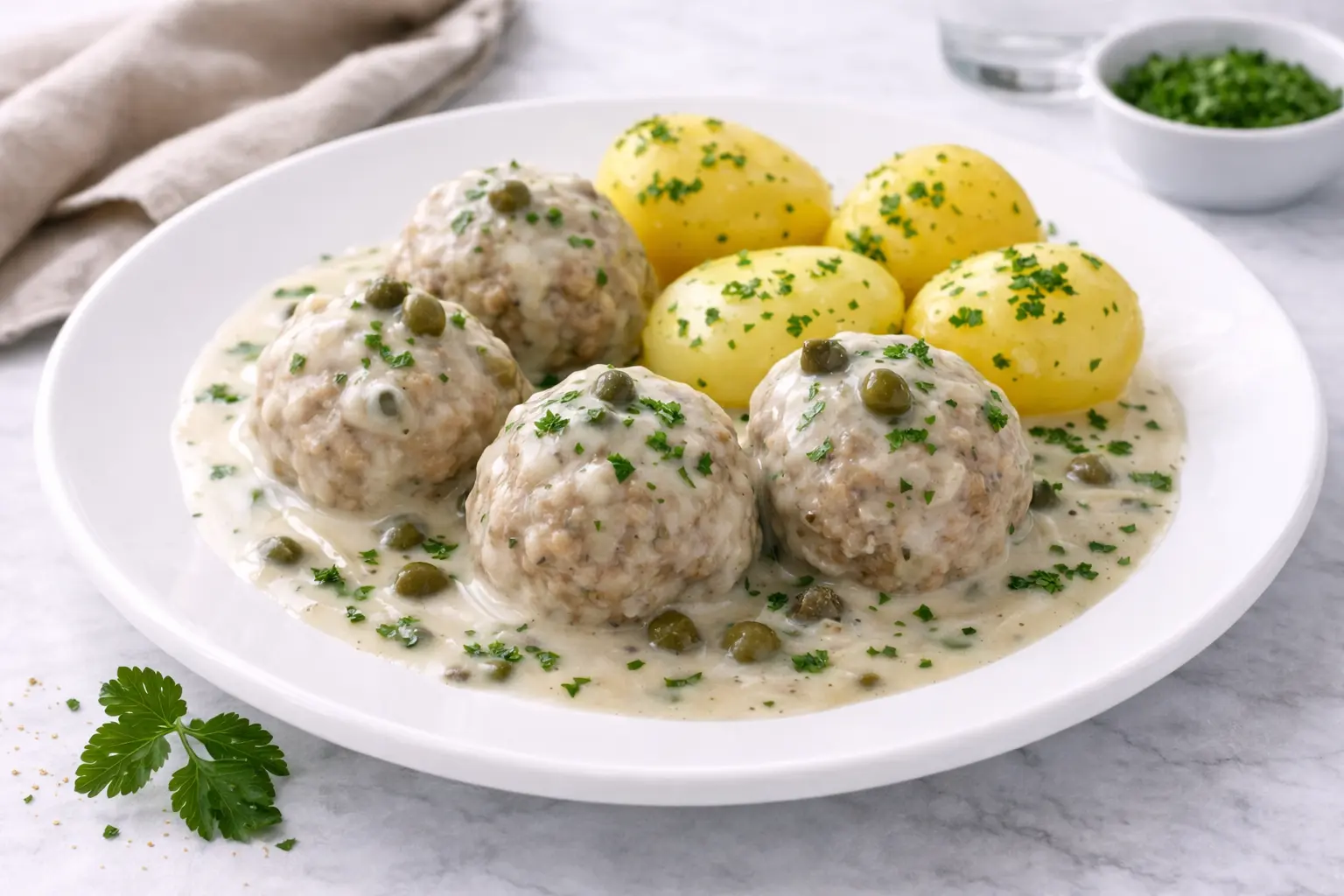 Königsberger Klopse mit Kartoffeln als warmes Crew Catering Berlin