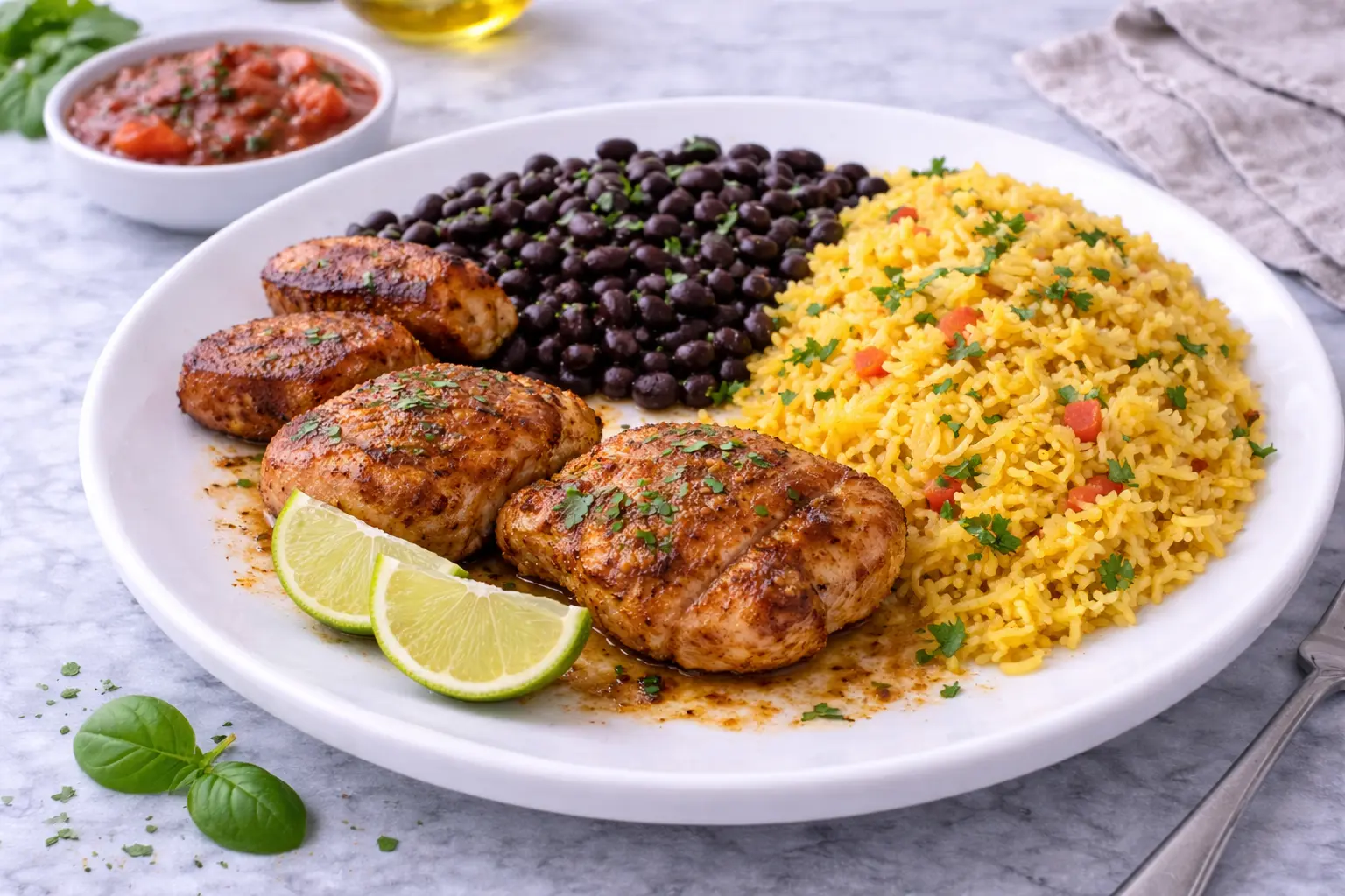 Gegrilltes Hähnchen mit Reis und Bohnen als Crew Catering für große Produktionen